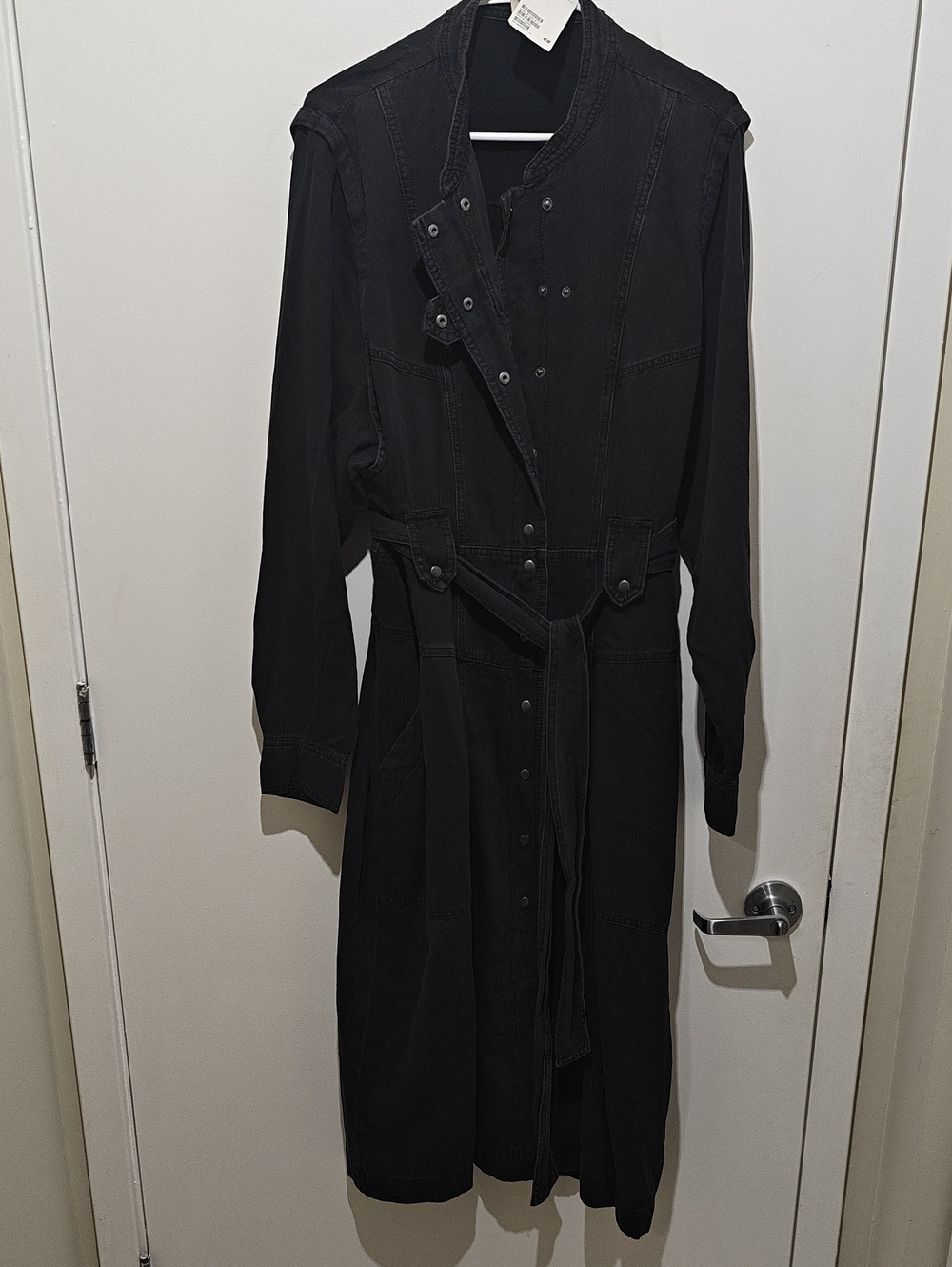 Black Long Belted Button-Front Trench Dress